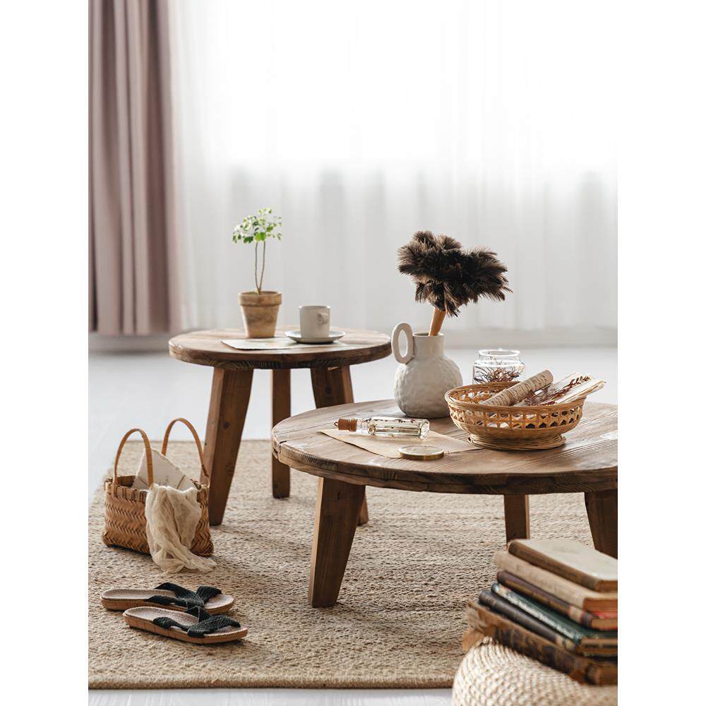 润家家居实木圆形矮茶几ins网红北欧老松木组合现代简约客厅圆桌