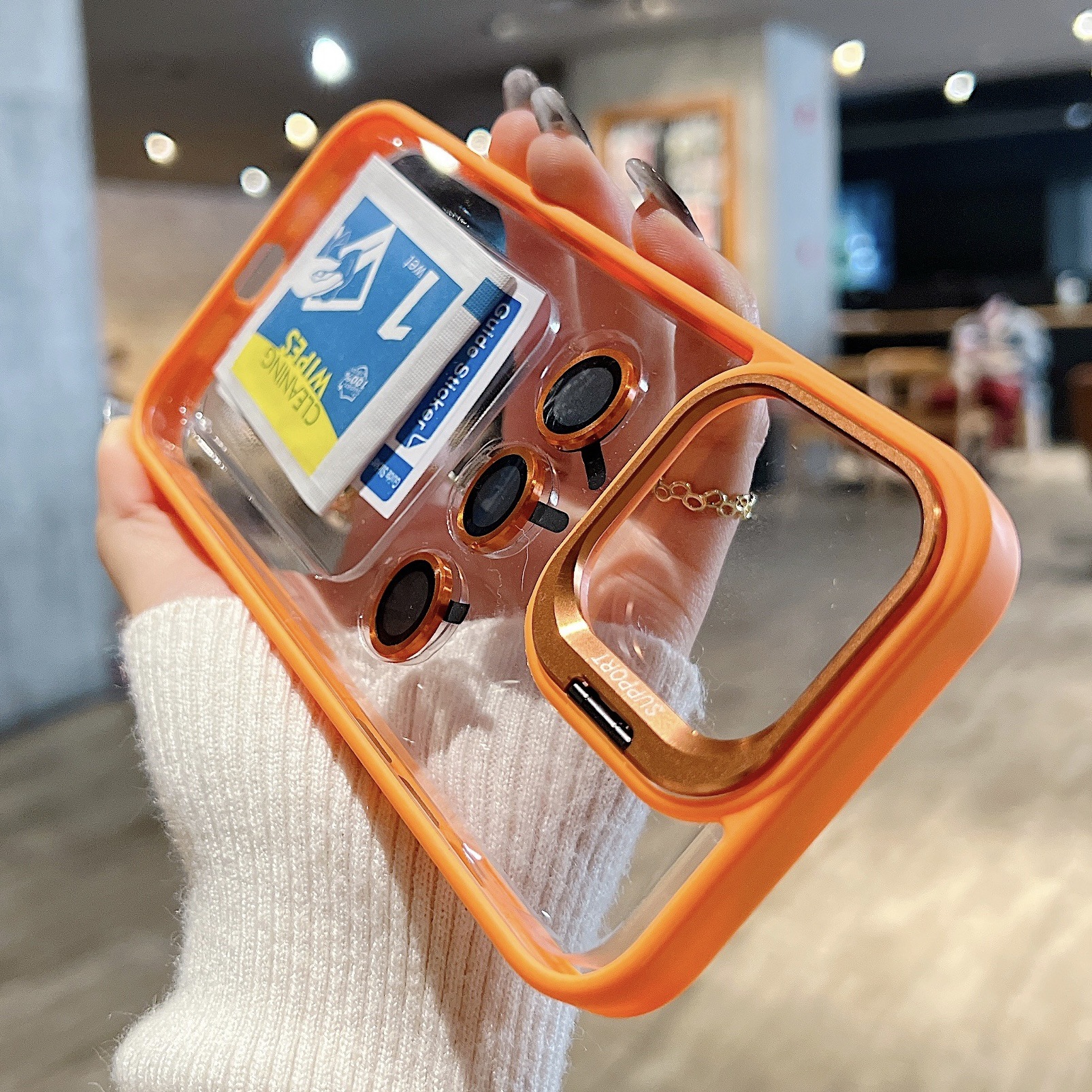 跨境爆款适用iPhone16promax透明镜头支架手机壳苹果15带镜头膜14