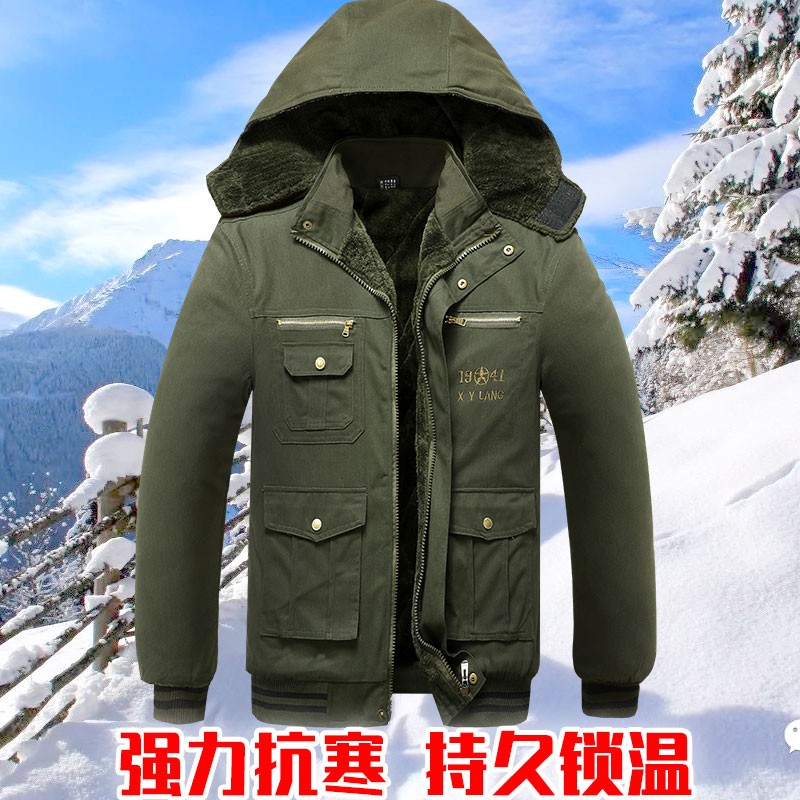 冬季加绒加厚棉衣劳保棉袄男士耐B磨防寒工作棉服军绿迷彩保暖外