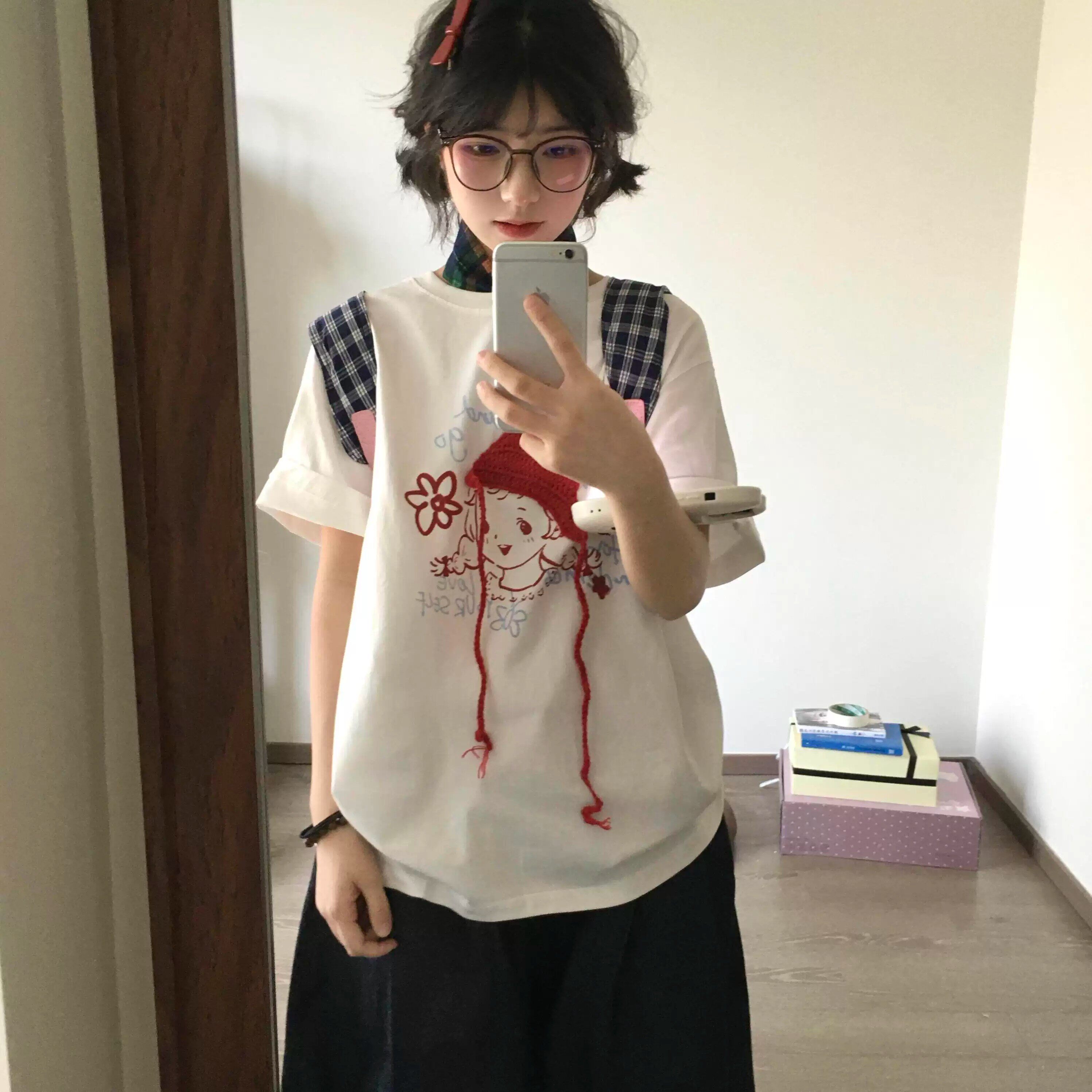 小红帽针织拼接短袖T恤女学生韩系夏新款宽松设计感小众半袖上衣