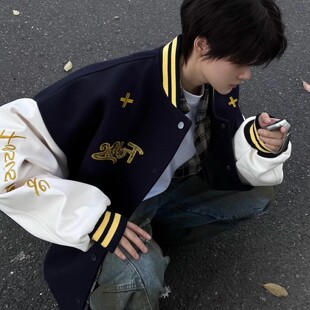 美式复古重磅刺绣飞行夹克上衣男春秋季宽松高街青少年棒球服外套