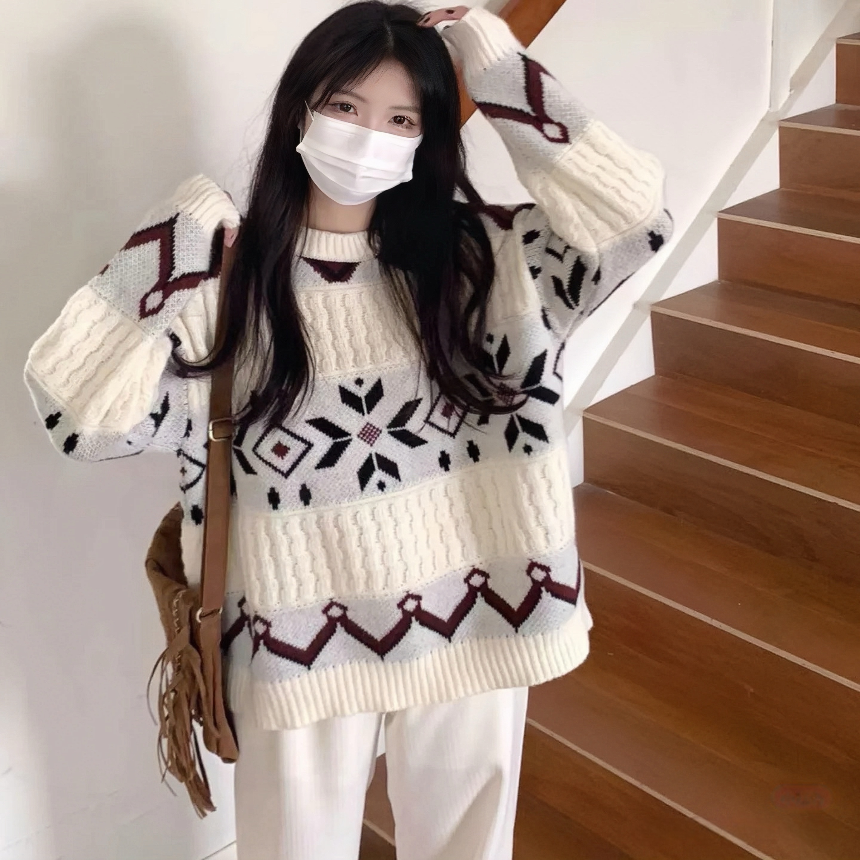 米色针织衫慵懒风正肩费尔岛毛衣