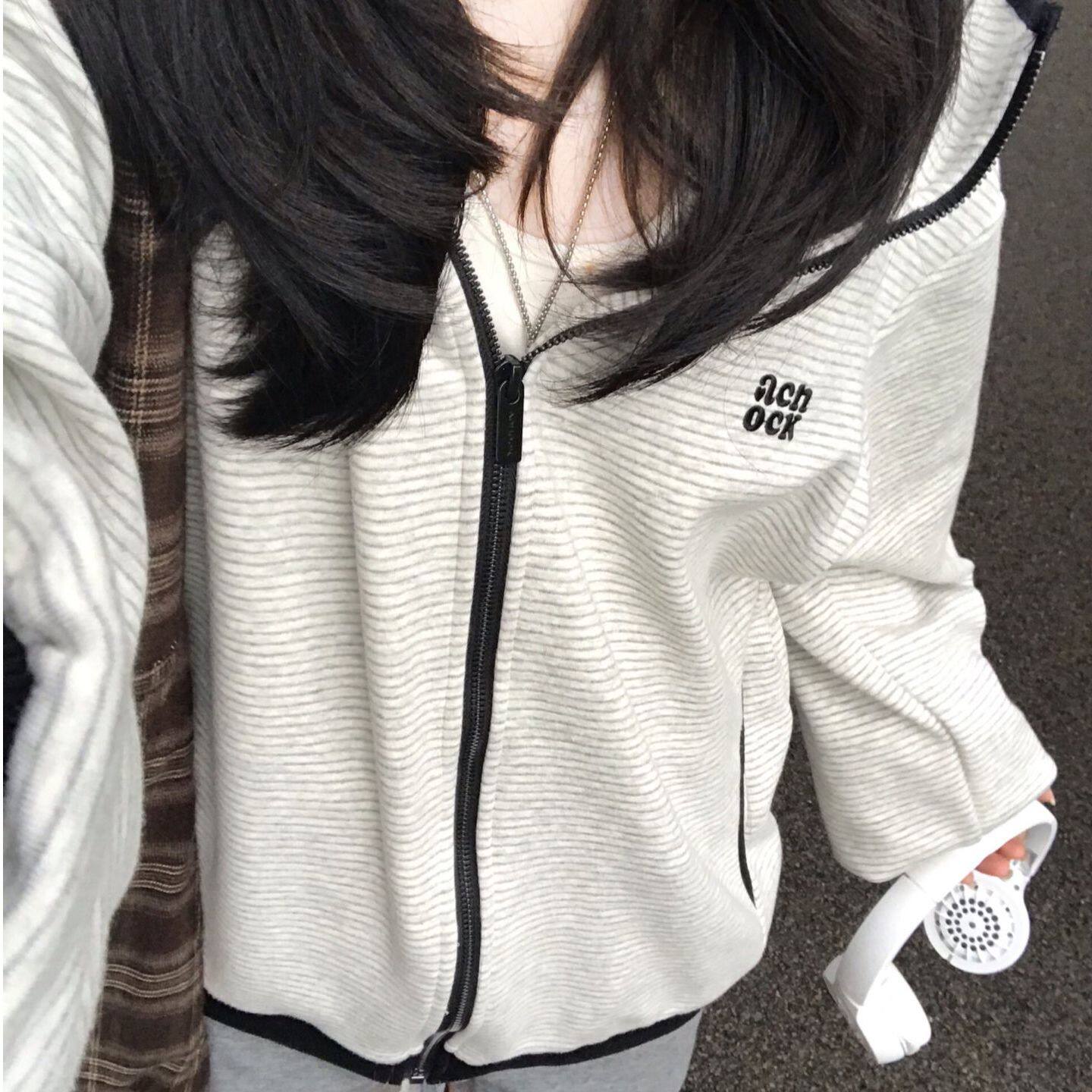 美式学院风条纹刺绣连帽卫衣女秋冬款oversize加绒加厚ins风外套