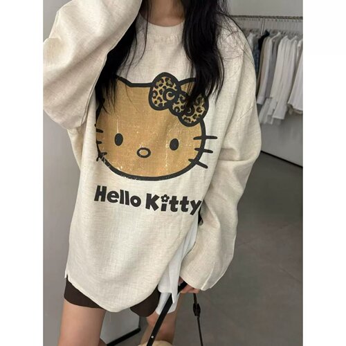 韩国东大门夏季新款宽松休闲卡通豹纹kitty印花圆领长袖防晒T恤女