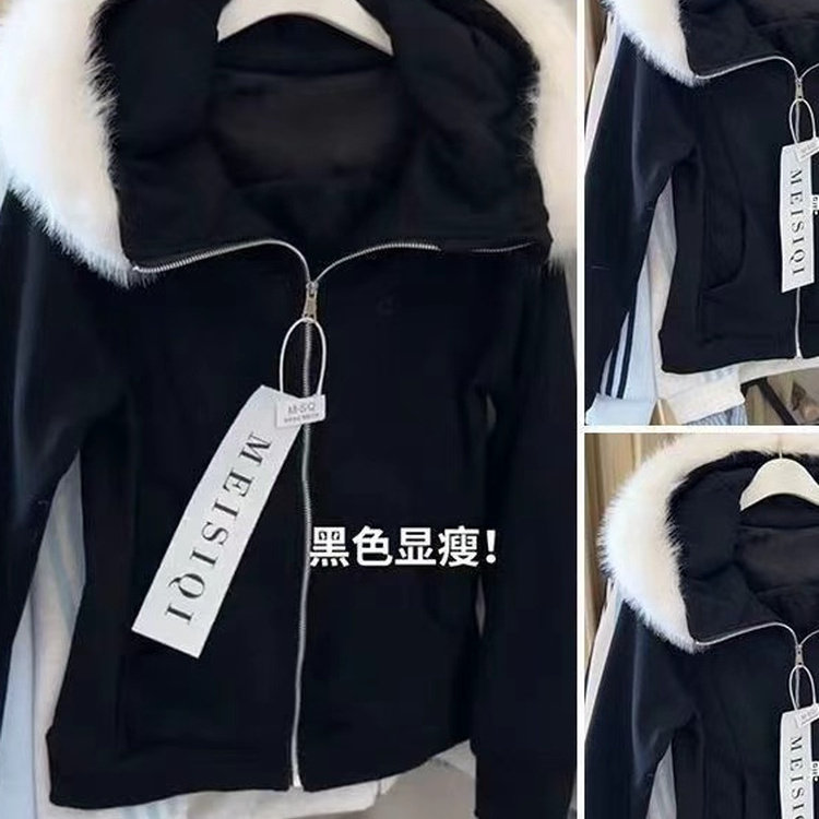 纯色修身毛领显瘦卫衣女款图片