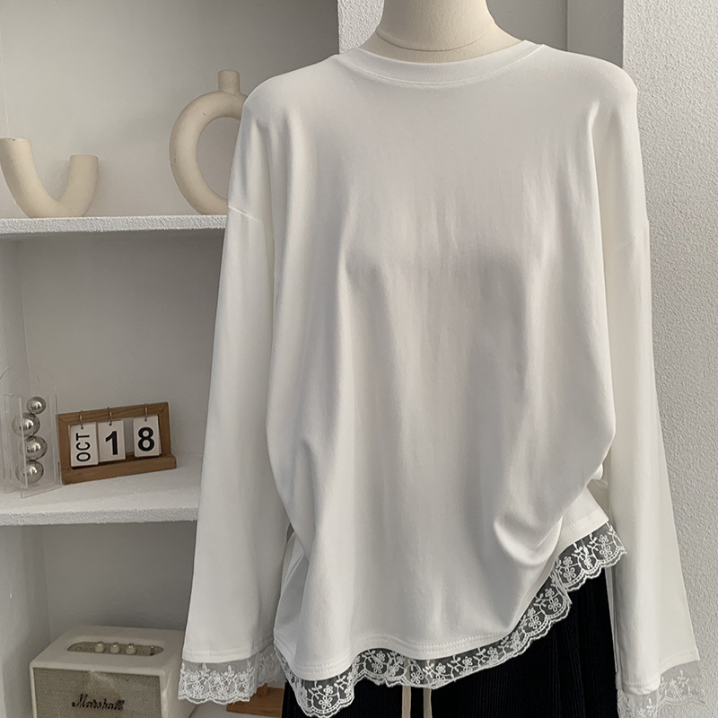 欧玛莱 中长款下摆拼接蕾丝花边宽松加绒长袖打底衫T恤上衣女5697