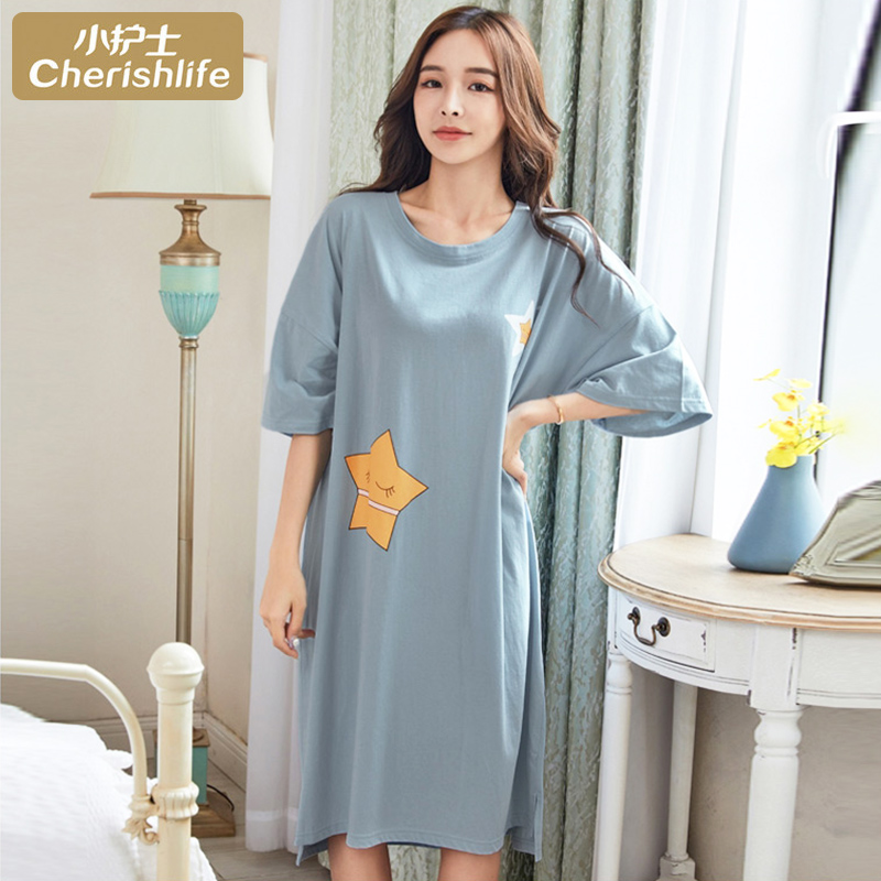 小护士睡裙女士薄款纯棉短袖家居服宽松加肥大码睡衣全棉长裙子夏