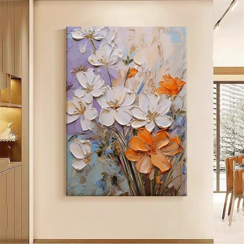 侘寂风抽象花卉手绘油画玄关挂画厚肌理感手工丙烯餐厅客厅装饰画图片
