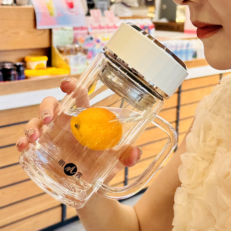 双层防烫高硼硅玻璃杯茶水分离泡茶带把手水杯子男士办公室喝水杯