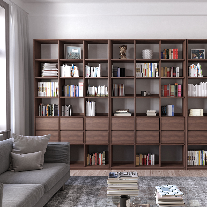 文博士定制实木书柜书架满墙落地开放格到顶橡木黑胡桃木书格子
