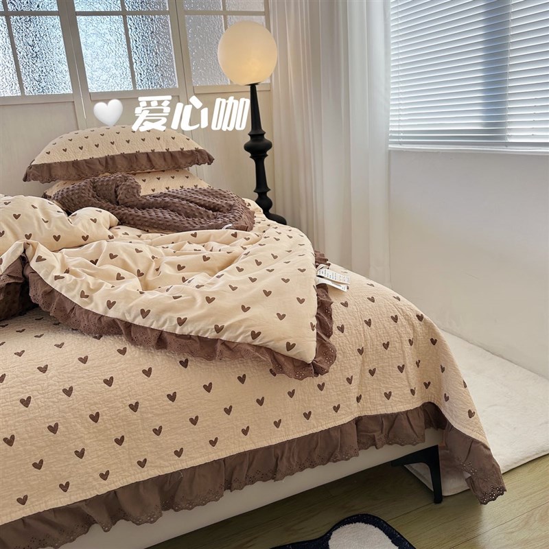 法式蕾丝花边豆豆被四件全棉酵素砂洗棉花床盖三件复古夹棉款