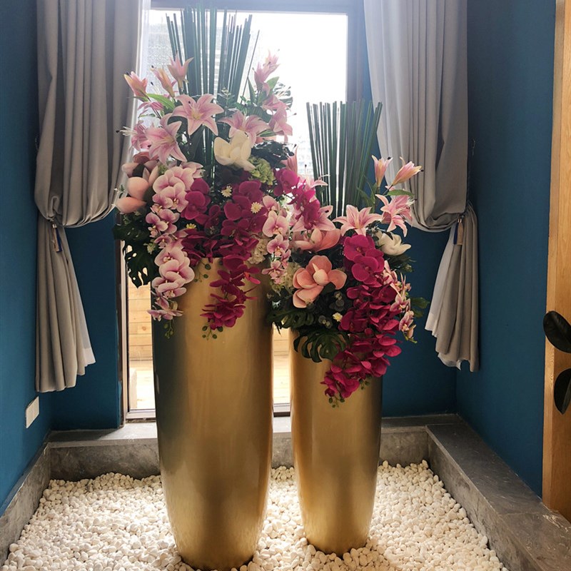 酒店大堂落地大花瓶金色旋转门橱窗装饰花艺摆件客厅商场仿真插花