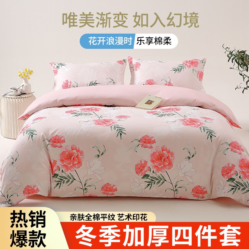 秋冬新款全棉四件加厚磨毛被床单枕四件件床上用品B