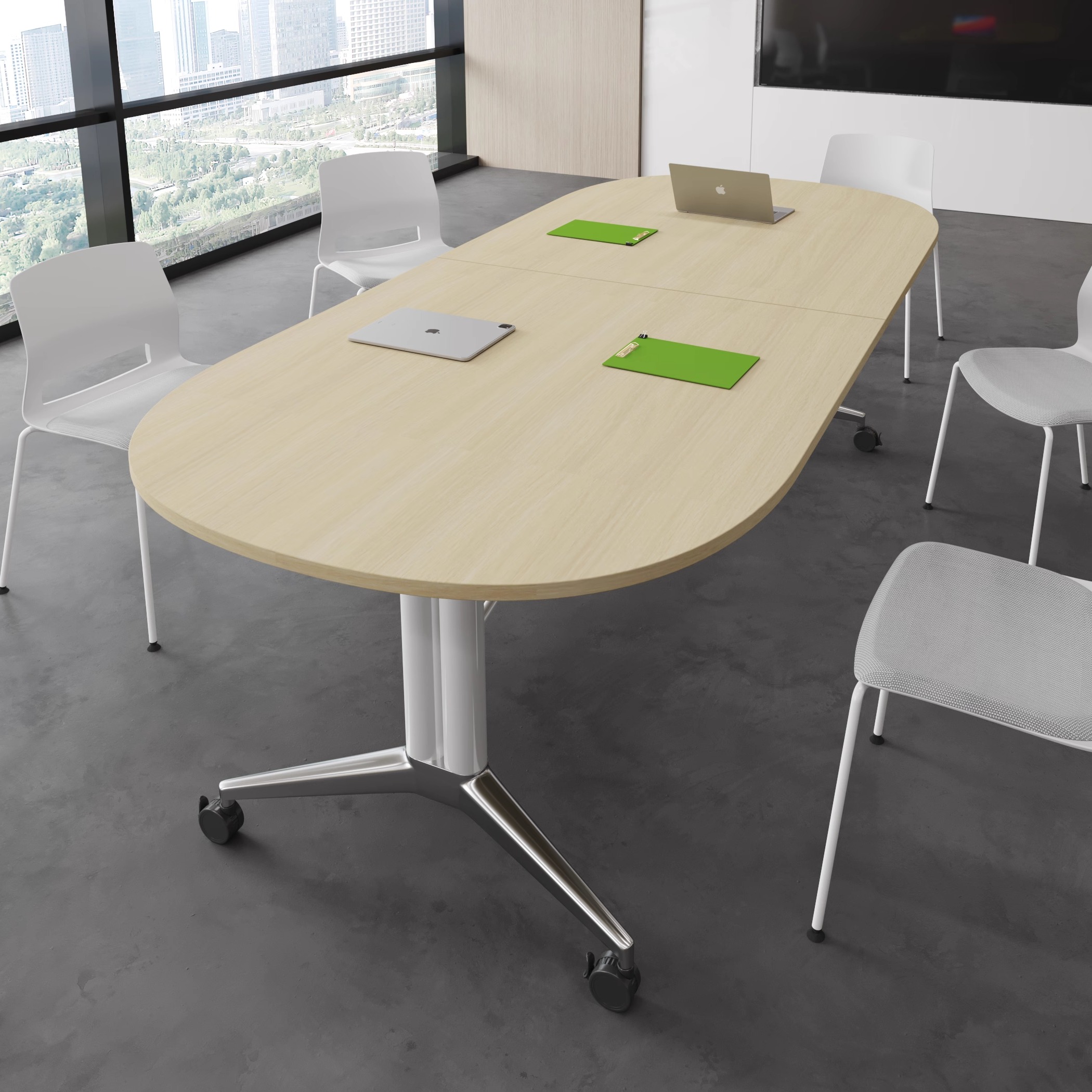 现代简约折叠会议桌白色椭圆形板式长桌办公室便携可移动桌子带轮