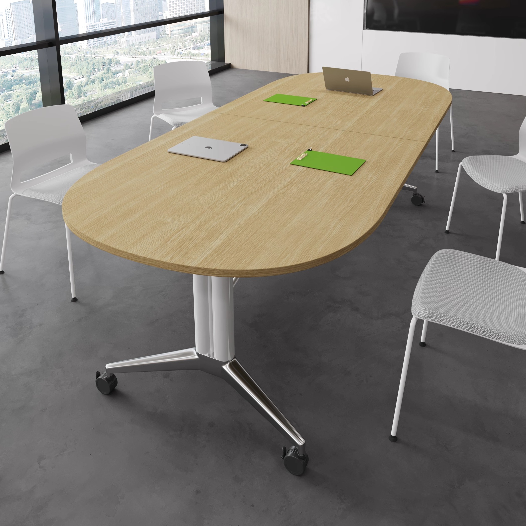 现代简约折叠会议桌白色椭圆形板式长桌办公室便携可移动桌子带轮
