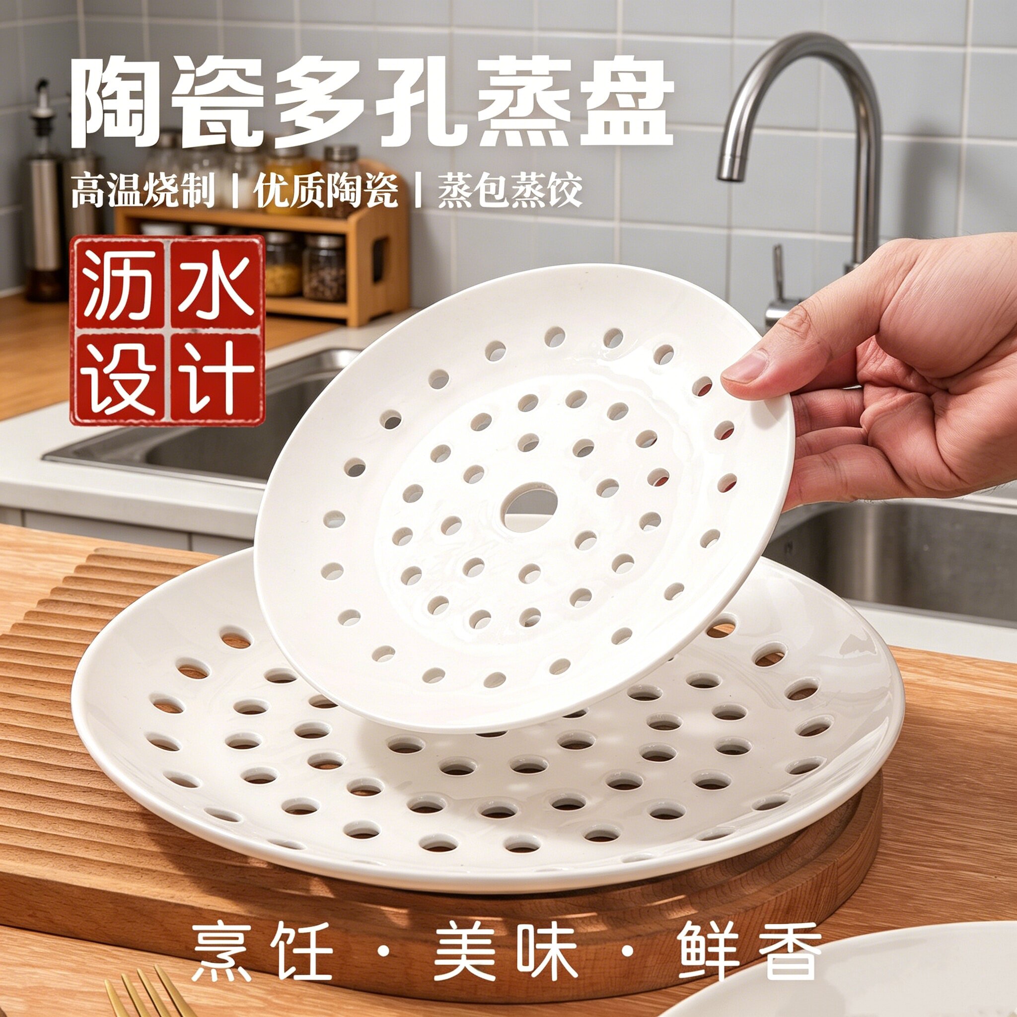 陶瓷多孔蒸盘水饺盘沥水盘圆形水果盘配玻璃碗蒸海鲜蒸鱼盘蒸片