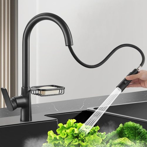 厨房水龙头厂家全铜带置物架洗菜盆可旋转网篮抽拉冷热龙头