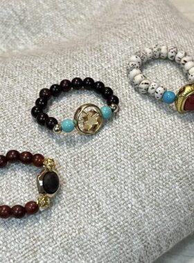 星月菩提戒指降真香紫檀木戒指文艺复古佛系显白檀木星星配饰戒指