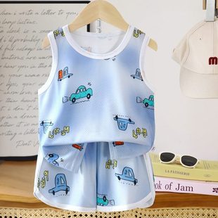 服冰絲女童吊帶男童童裝 兒童背心套裝 無袖 網眼薄款 寶寶 速干衣夏季