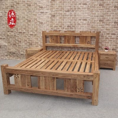 老榆木床纯实木全实木双人床老榆木床卯榫新中式1.51.8米简约现代