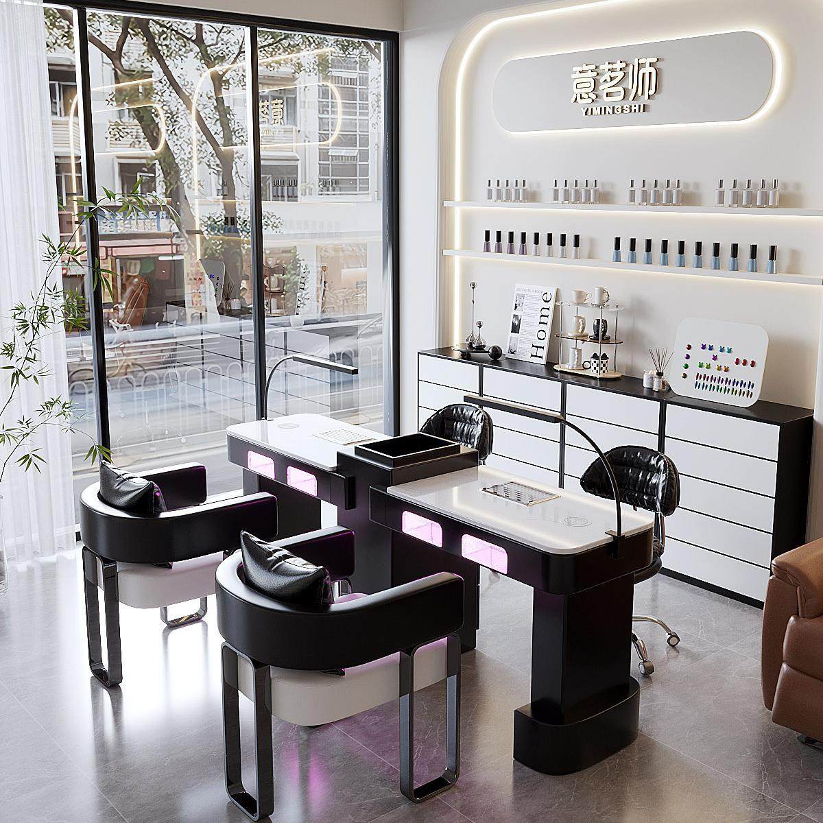 意茗师M1熊猫色大理石大功率带吸尘器烤灯美甲店桌子全套高端组合