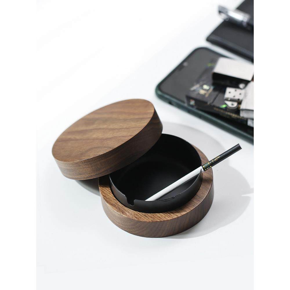 黑胡桃木烟灰缸创意个性有盖防飞灰家用办公室实木质北欧轻奢客厅