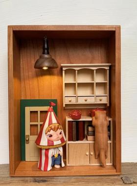 木质木雕猫咪小夜灯微缩场景小屋店内装饰桌面创意礼品实木制摆件