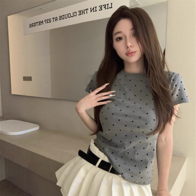 夏季新款韩版波点圆领短袖T恤女学生修身显瘦甜美百搭上衣打底衫