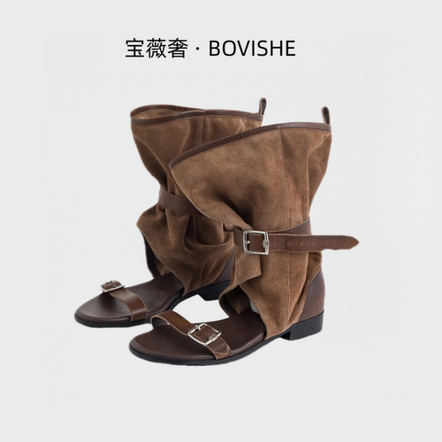 复古做旧堆堆平底露趾凉靴