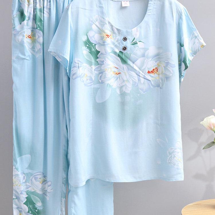 睡衣女夏季薄款绵绸家居服短袖7分裤中老年人造棉可外穿棉绸套装