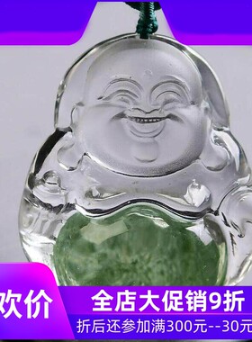 天然巴西翠绿幽灵满天星聚宝盆俏色手工精雕刻佛吊坠项链收藏级即