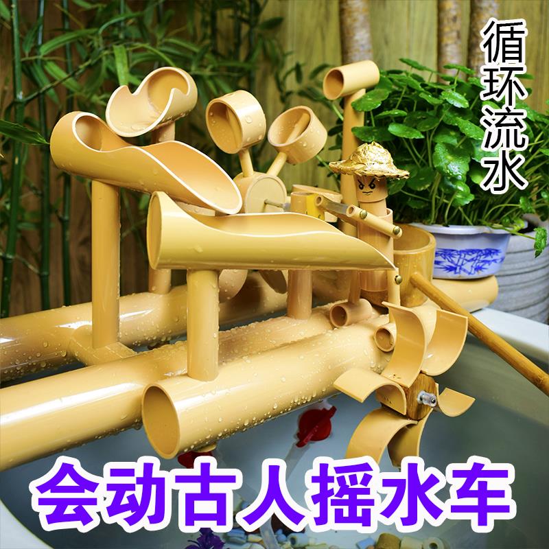 永动流水摆件养鱼缸水循环水车竹子风水轮招财造景小人推拉流水器