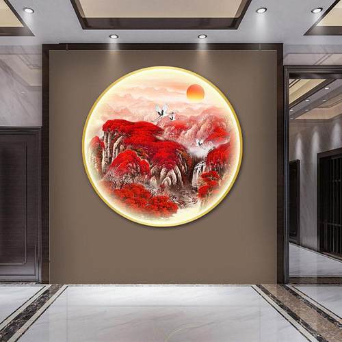 鸿运当头玄关装饰画带灯新中式圆形茶室背景墙灯画办公室山水挂画