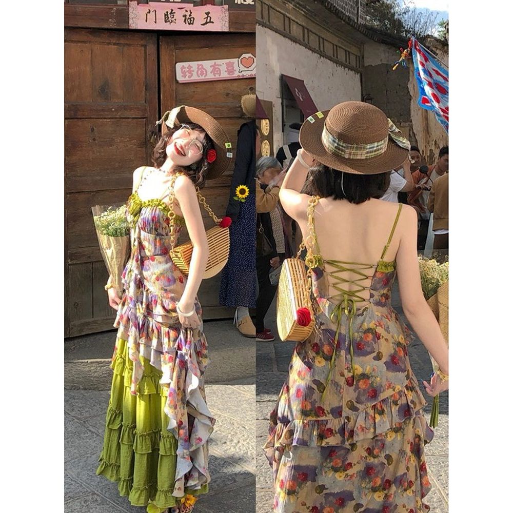 油画风吊带连衣裙半身长裙两件套