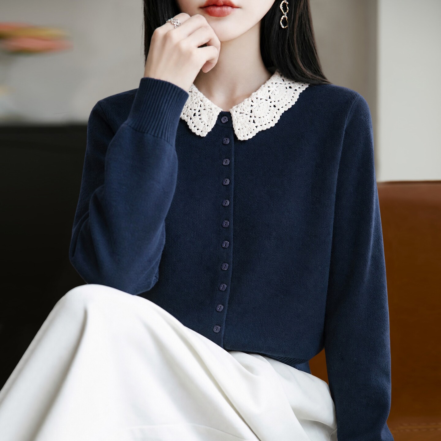 2026新款翻领蕾丝秋季大码针织开衫外套女洋气中老年女装上衣毛衣