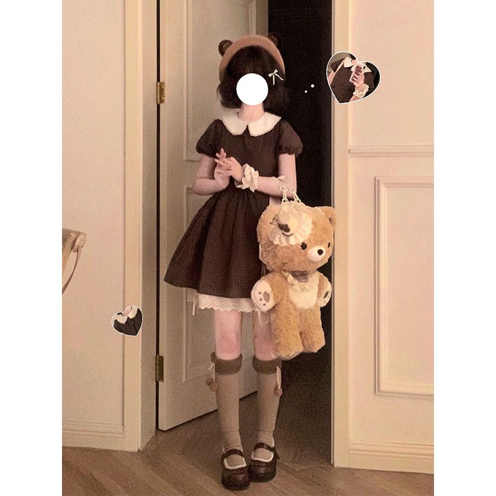 巧棕小熊 甜美娃娃领复古感棕色格纹学院夏季小个子收腰连衣短裙