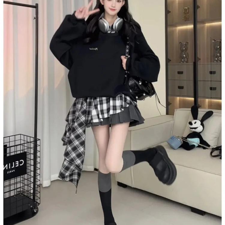 慵懒风春秋宽松显瘦百搭格子半身裙假两件卫衣上衣连衣裙子女