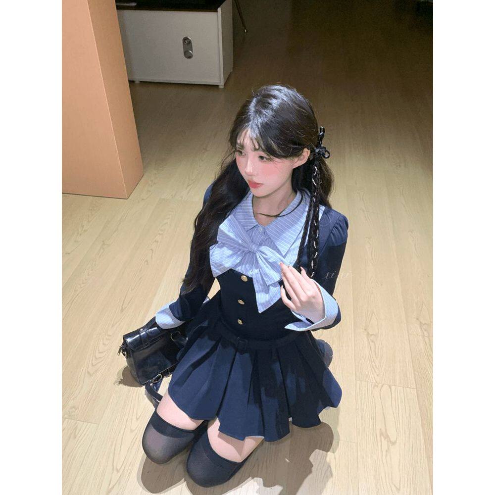 蓝屿学院 春季学院风复古气质时尚拼接设计感长袖连衣裙显瘦短裙