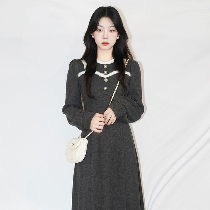 设计感连衣裙秋冬女中长款2022时尚新款收腰显瘦法式气质高腰长裙