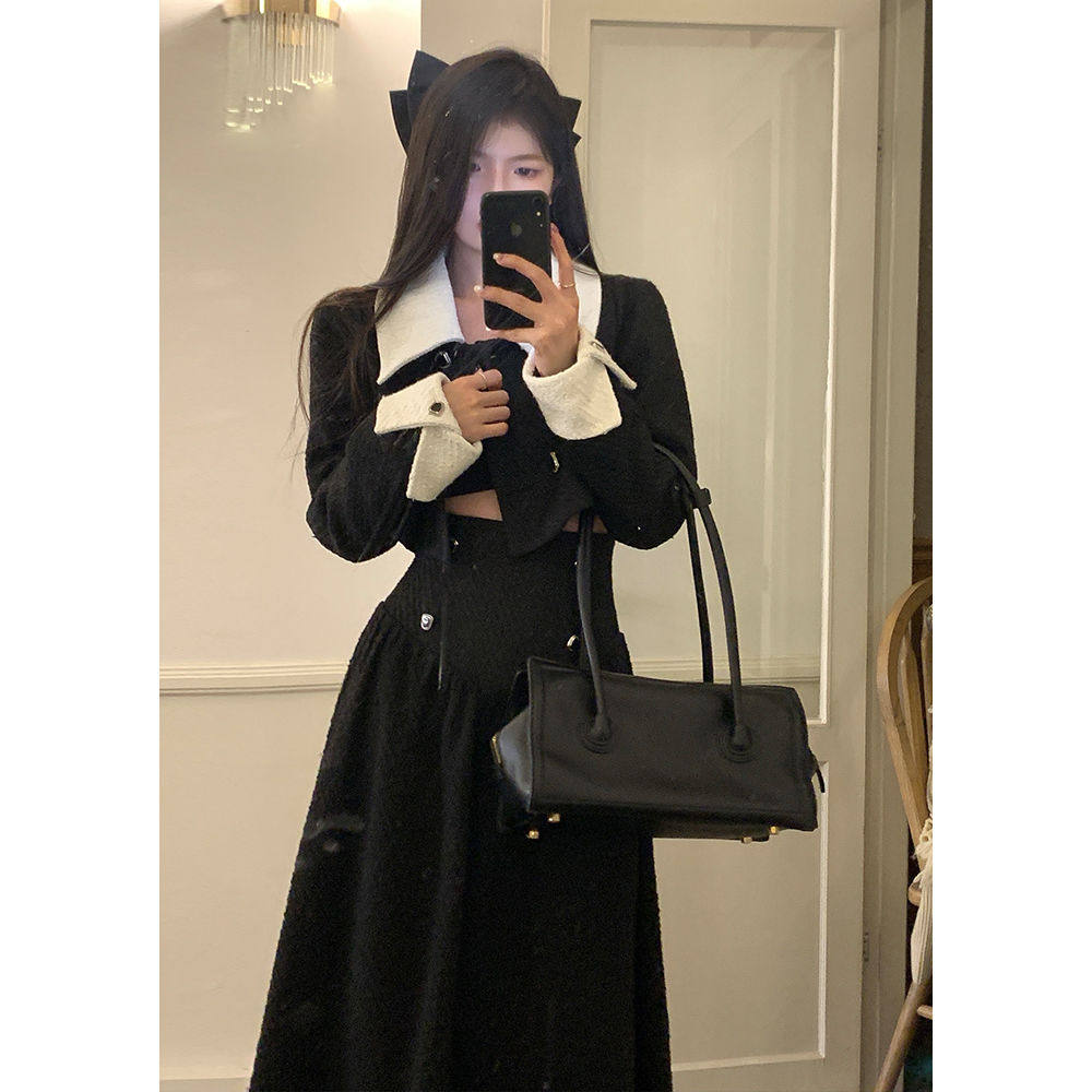 气质大女主 拼色套装小香风优雅名媛气质套装女高腰半身裙两件套