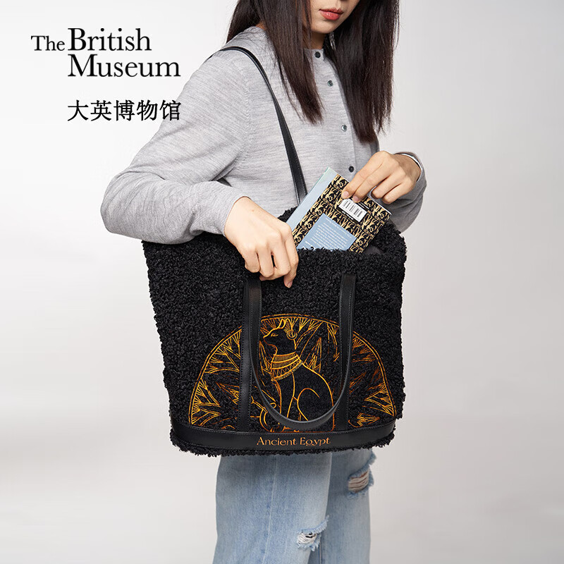 大英博物馆安德森猫羊羔毛刺绣莲花纹拼接单肩包送女生生日礼物