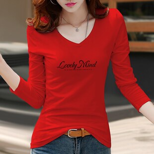 洋气打底衫长袖t恤女白色薄款秋季红色紧身体恤修身上衣秋衣外穿