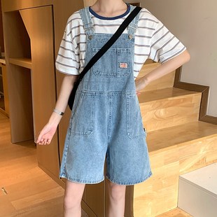 大码背带裤女韩版宽松胖妹妹mm高腰显瘦牛仔五分短裤日系少女穿搭