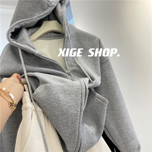 灰色连帽卫衣外套女秋冬2022新款加绒加厚宽松休闲慵懒风拉链开衫