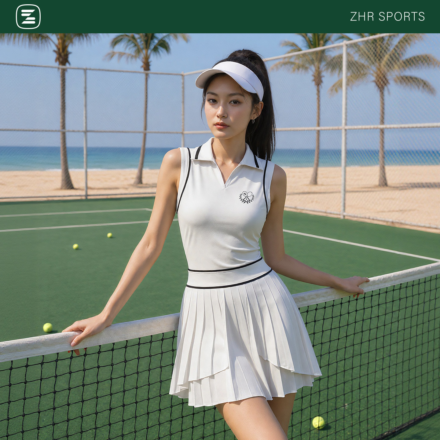 ZHRSPORTS知性精英/曜白学院百褶网球连衣裙带胸垫速干POLO网球服