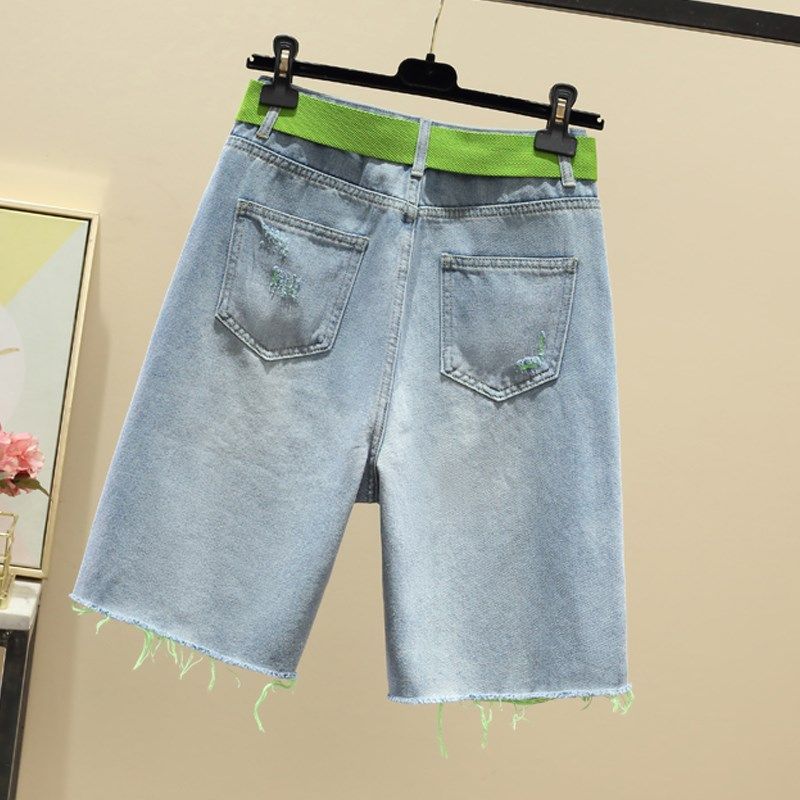 镶钻破洞牛仔短裤女2023夏季新款宽松高腰显瘦绿色手工钉珠五分裤,女装/女士精品,牛仔裤,淘宝优惠券,粉丝福利购,淘宝优惠卷