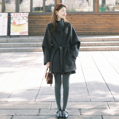高级感复古灰色立领毛呢外套女中长款秋冬小个子系带收腰呢子大衣