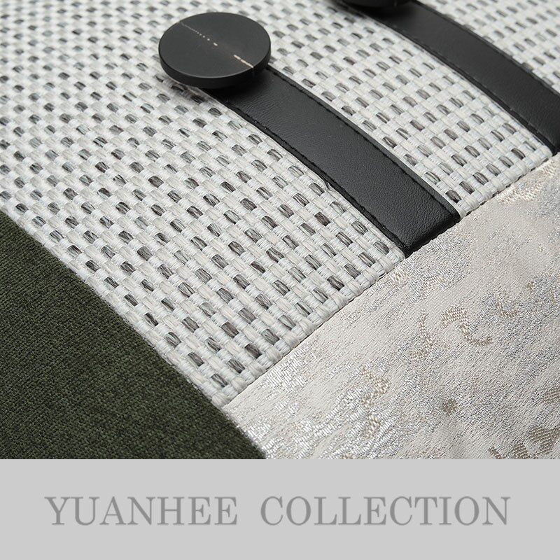 新中式简约样板间抱枕主卧沙发方枕墨绿色灰白色拼接加扣装饰靠包