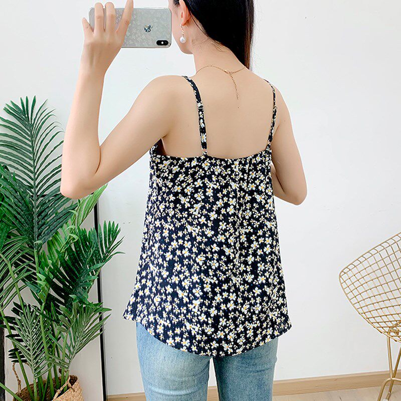 新款胖mm碎花吊带背心女内搭打底宽松大码中长款可调节雪纺外穿夏