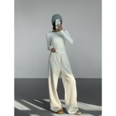 黑色针织休闲长裤 女冬季 加厚阔腿卫裤 ousph 宽松直筒白设计感裤 子